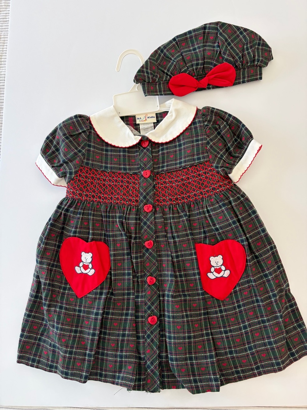 Vintage B.T Kids Plaid Holiday Dress With Matching Hat 1990s 24 Months